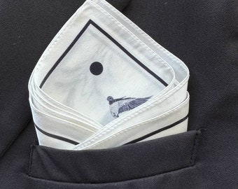 Silk Pocket Square in White with Swallows, Silk Handkerchief, Gift for Husband, neckerchief, Gifts for Men