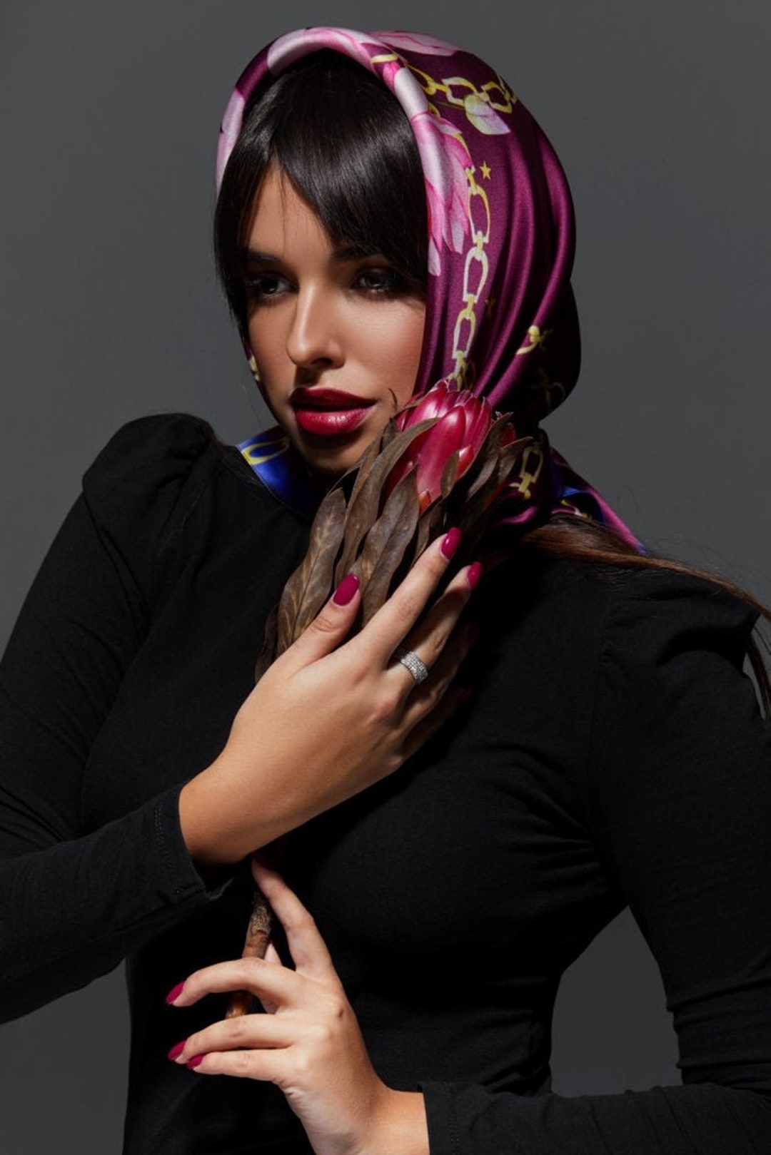 Large Red Silk Scarf lotus Flowers Printed Silk Etsy