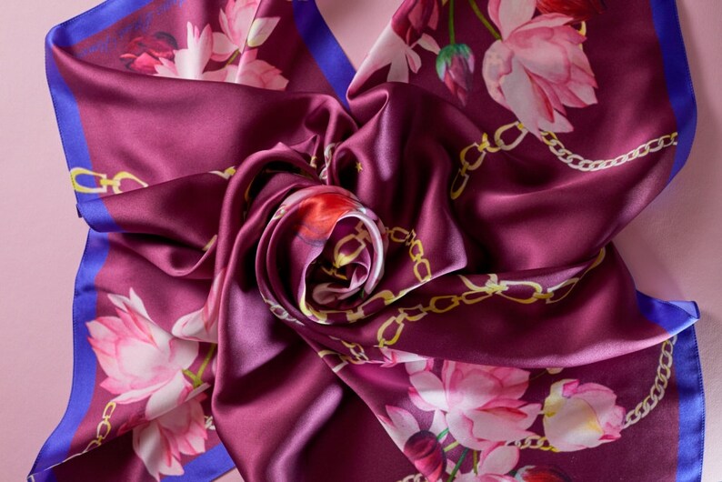 Large Red Silk Scarf lotus Flowers Printed Silk Etsy