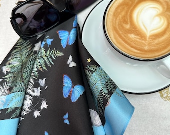 Hand-Painted Silk Scarf: Night Forest Design, Italian Silk Satin