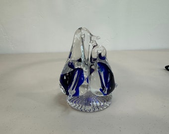 Vintage Murano Style Cobalt Blue and Clear Blown Glass Penguin Paperweight