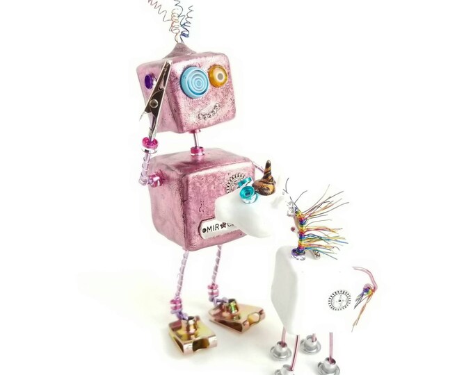 Unicorn figurine,robot sculpture, robot with unicorn assemblage art