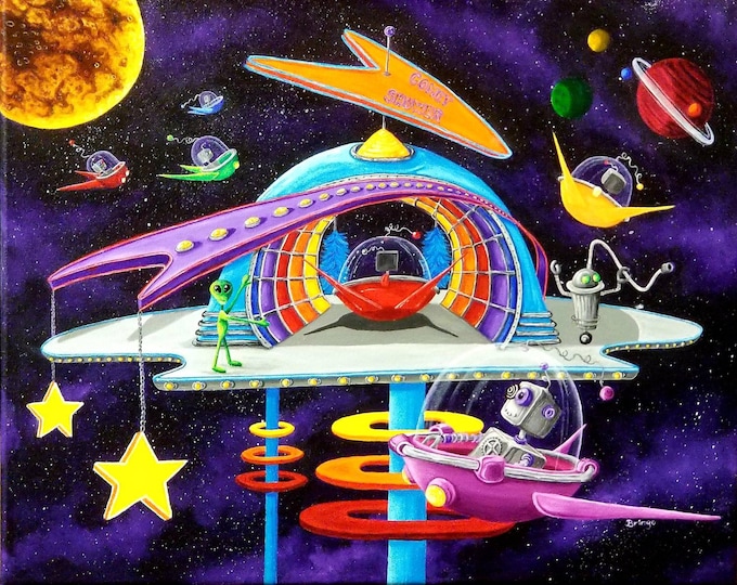 UFO space wall art print flying saucer robot decor