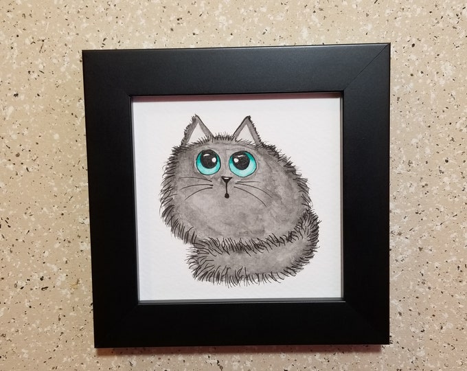 Black cat watercolor painting, framed 5" x 5" black cat art, cute black cat with blue eyes original artwork