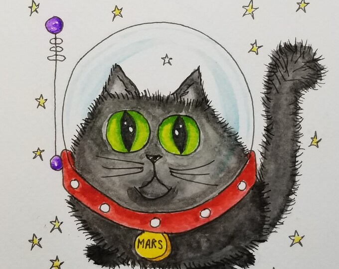 Cute cat astronaut art, framed 5" x 5" black cat in outerspace, original watercolor cat