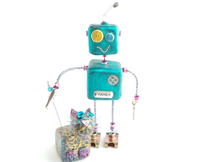 Robot sculpture, cat handmade figurines, aqua robot and animal print cat assemblage art