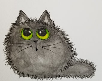 Black cat watercolor painting, framed 5" x 5" black cat art, cute black cat with green eyes original artwork