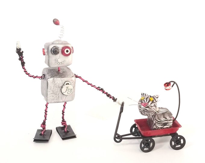 Cute robot figurine, robot and cat sculpture, robot assemblage, cat art sculpture