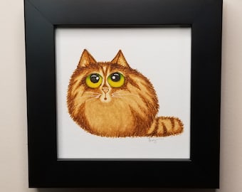 Tabby cat watercolor painting, framed 5" x 5" orange cat art, cute orange tabby cat with green eyes original artwork