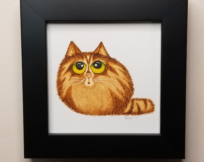 Tabby cat watercolor painting, framed 5" x 5" orange cat art, cute orange tabby cat with green eyes original artwork