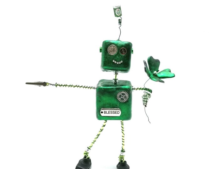 Cute green robot sculpture, handmade robot assemblage