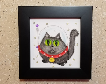 Cute cat astronaut art, framed 5" x 5" black cat in outerspace, original watercolor cat