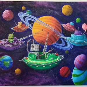UFO wall art print retro robot space artwork for kids room decor