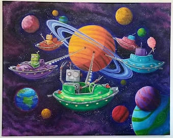UFO wall art print retro robot space artwork for kids room decor