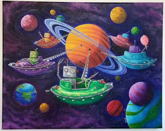 UFO art,robot print,cute robots in space artwork