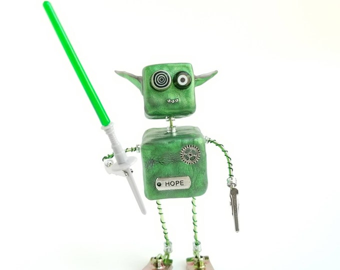Green robot sculpture, robot assemblage