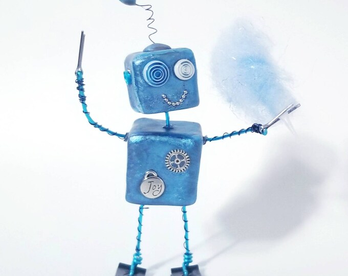 Blue robot sculpture, cotton candy art, retro robot figurine with cotton candy