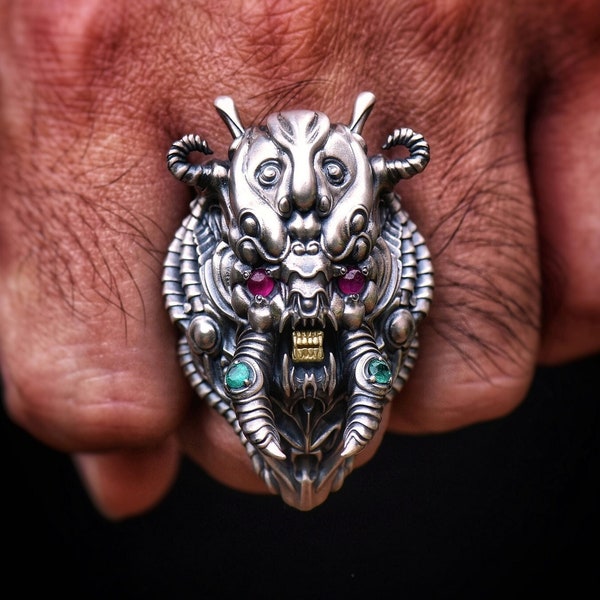 huge biomechanical demon monster sterling silver ring with 18k green gold part, ruby emerauld,alien insectoid, birthday gift