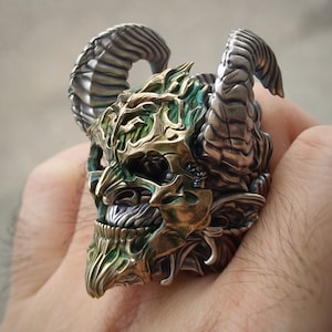 crazy heavy demon lord with bronze mask,sterling silver ring, God of Night, giant horns, birthday gift, bikers jewelries, tattoo lovers