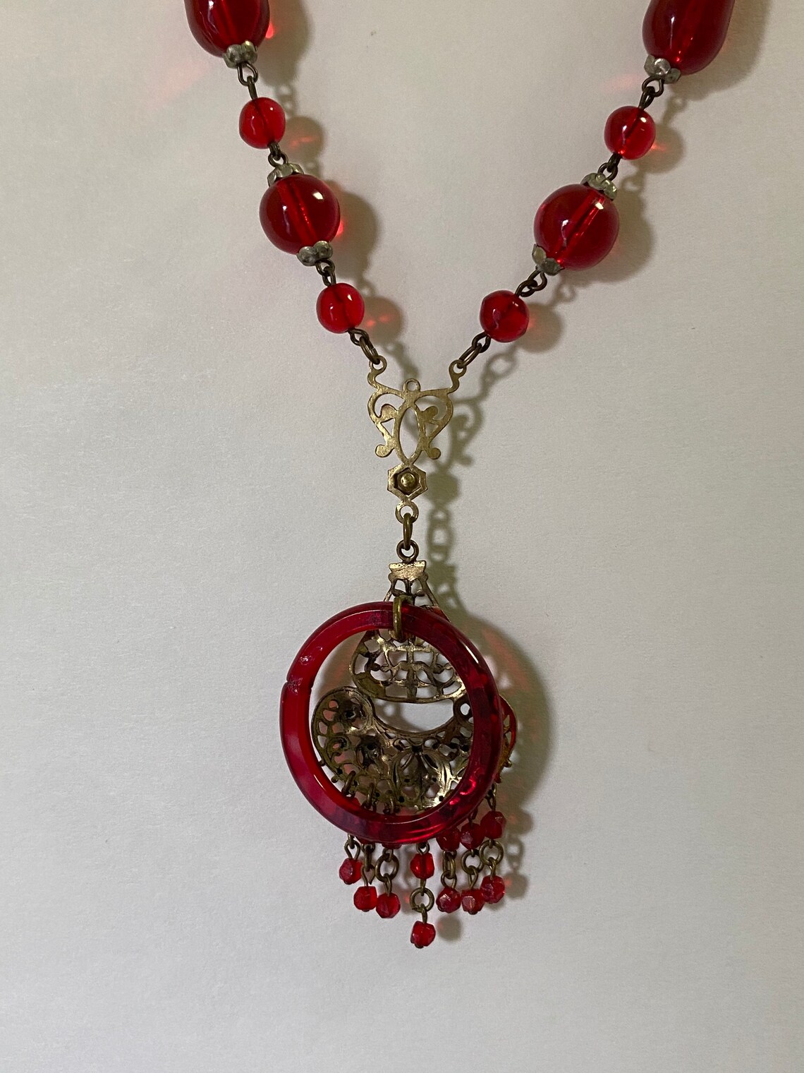 Collier Rouge Ancien En Perles De Velours - Occasion - Bijou Vintage