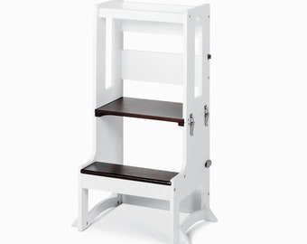 May include: White wooden step stool with two steps and a safety rail. The top step has a brown wooden surface. The stool has a safety latch on the side.