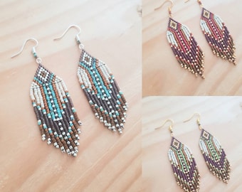 Long ethnic style earrings. Blue, red or green colors