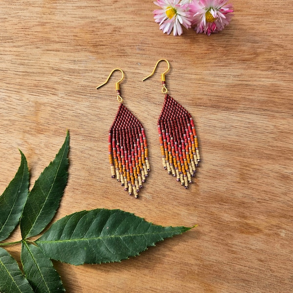 Women's earrings in autumn tones with glass bead fringes