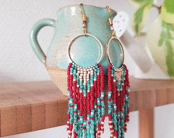 Gipsy | Earrings made of turquoise blue, red and gold Miyuki Delica beads