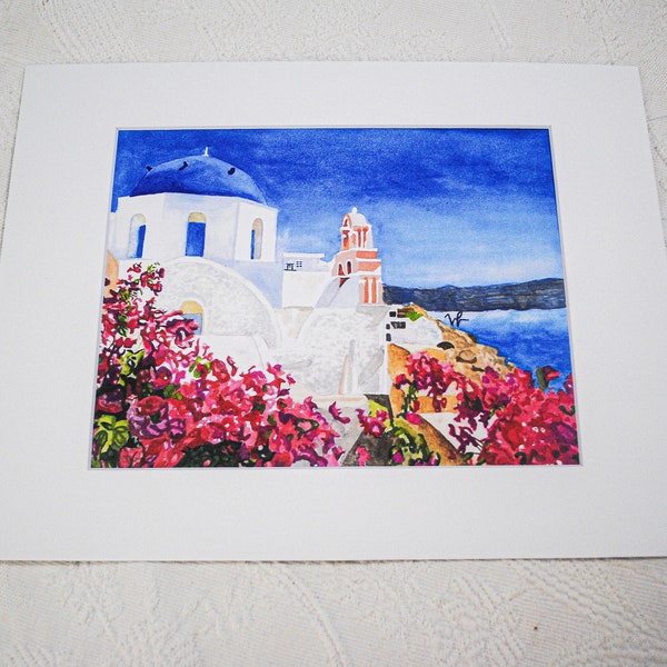 Watercolor Print Santorini, Greece