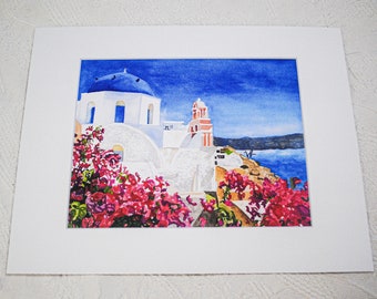 サントリーニ島 水彩画 ギリシャ オリジナル絵画 オーダーメイド 旅行