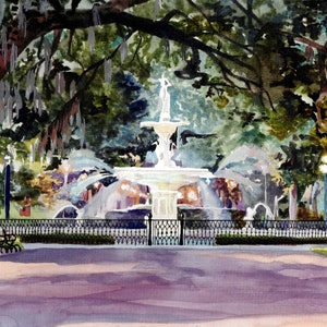 Impression d'art aquarelle Forsyth Park Savannah, Géorgie