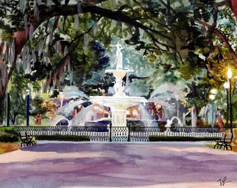 Forsyth Park Savannah Georgia Acuarela Lámina artística