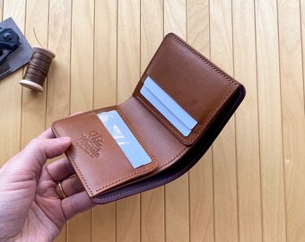 Vertical bifold leather wallet. Mens gift. Handmade compact wallet. Customizable in 11 colors. Personalization available.