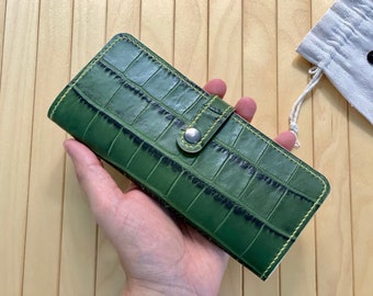 Women clutch wallet in green croco leather. Elegant women clutch for cards and cash. Handmade purse.
