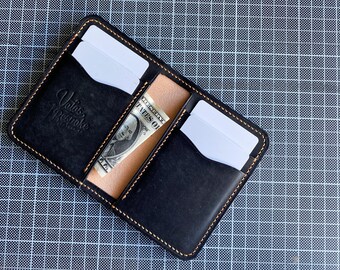 Vertical black bifold leather wallet. Mens gift. Handmade wallet. Personalization available.