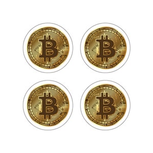 Könnte beinhalten: Vier goldfarbene Bitcoin-Münzen mit dem Text "BITCOIN DIGITAL DECENTRALIZED PEER TO PEER" und "VIROTOR 999 FINE COPPER MJB MONETARY METALS" am Rand.