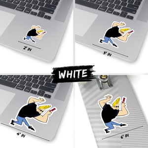 May include: A white sticker featuring a cartoon character with blonde hair, wearing a black shirt and blue jeans, holding a red and white object. The sticker is available in four sizes: 2 inches, 3 inches, 4 inches, and 6 inches.