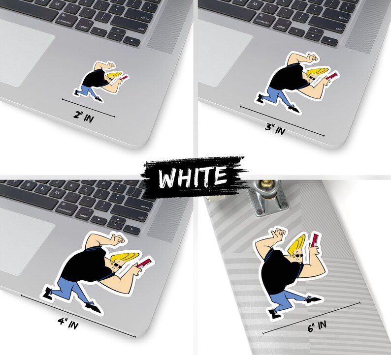 May include: A white sticker featuring a cartoon character with blonde hair, wearing a black shirt and blue jeans, holding a red and white object. The sticker is available in four sizes: 2 inches, 3 inches, 4 inches, and 6 inches.