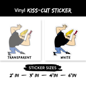 May include: A vinyl sticker of a cartoon character with a comb, available in transparent or white. The sticker is available in 2, 3, 4, and 6 inch sizes.