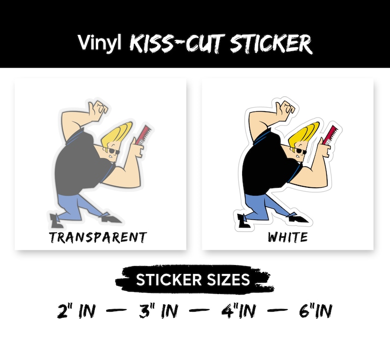May include: A vinyl sticker of a cartoon character with a comb, available in transparent or white. The sticker is available in 2, 3, 4, and 6 inch sizes.