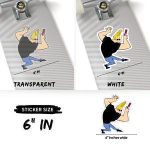May include: A 6-inch wide sticker featuring a cartoon character with blonde hair, wearing a black shirt and blue jeans, holding a red comb. The sticker is available in transparent and white versions.