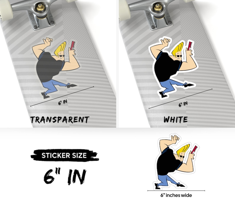 May include: A 6-inch wide sticker featuring a cartoon character with blonde hair, wearing a black shirt and blue jeans, holding a red comb. The sticker is available in transparent and white versions.