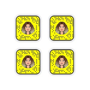 May include: Four yellow square Snapchat QR codes with a cartoon image of a woman with brown hair and a black shirt in the center of each code.