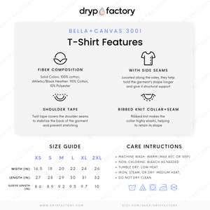 May include: A size chart for a Bella + Canvas 3001 t-shirt, showing the measurements in inches for XS, S, M, L, XL, and 2XL. The chart also includes information about the fiber composition, shoulder tape, ribbed knit collar, and care instructions.