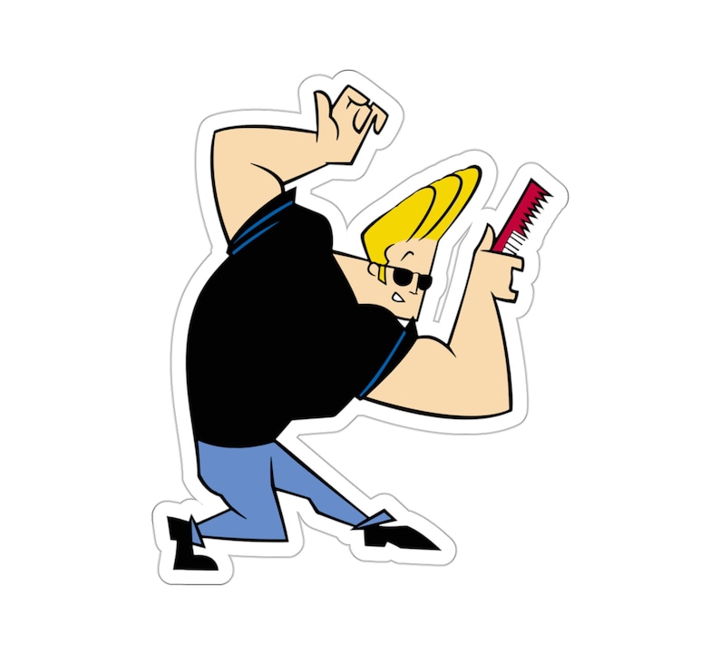 May include: A cartoon illustration of a muscular man with blonde hair, wearing sunglasses and a black shirt, holding a red comb. He is in a dynamic pose, with his arm raised and his leg bent.