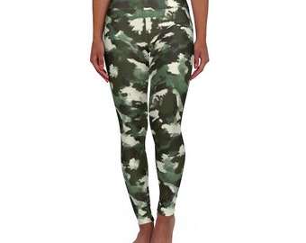 Painted Green Camo AOP High Waisted Yoga Leggings - All Over Print Sublimation Camouflage Pants