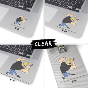 May include: A cartoon character sticker of Johnny Bravo, a muscular man with blonde hair, wearing a black shirt and blue jeans, holding a red comb. The sticker is available in three sizes: 2 inches, 3 inches, and 6 inches.