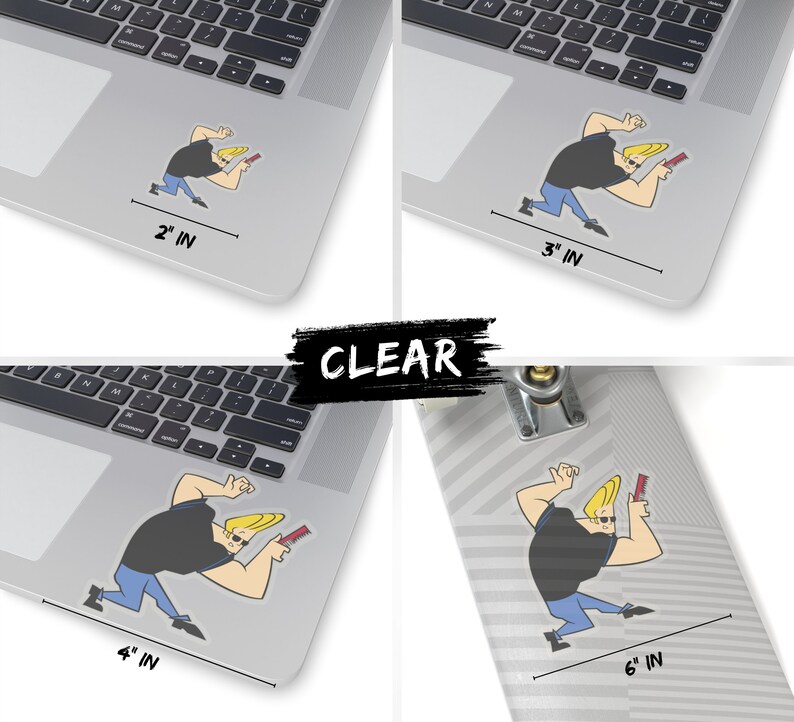 May include: A cartoon character sticker of Johnny Bravo, a muscular man with blonde hair, wearing a black shirt and blue jeans, holding a red comb. The sticker is available in three sizes: 2 inches, 3 inches, and 6 inches.