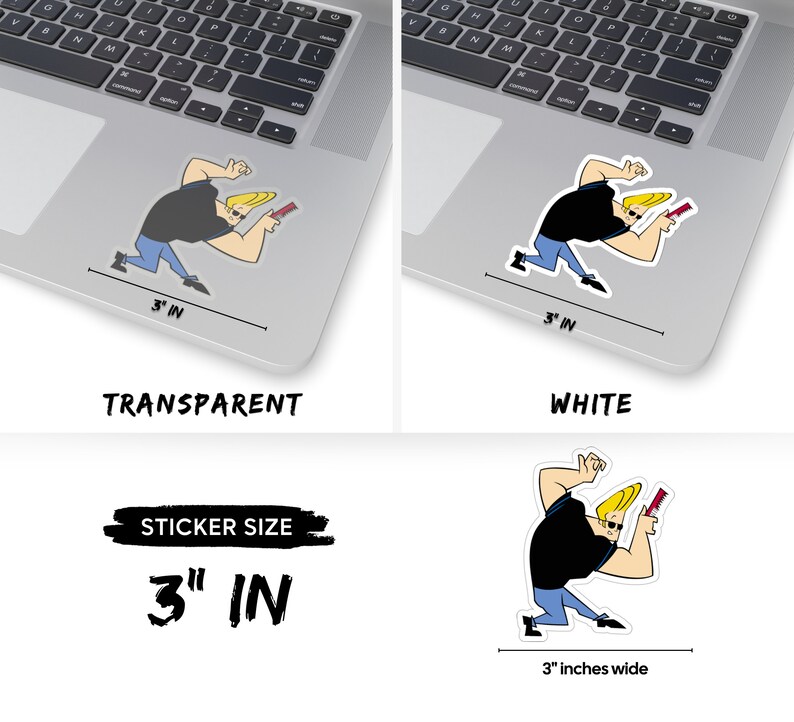 May include: A 3-inch wide sticker featuring a cartoon character with blonde hair, wearing a black shirt and blue jeans, holding a red and white object. The sticker is available in transparent and white options.