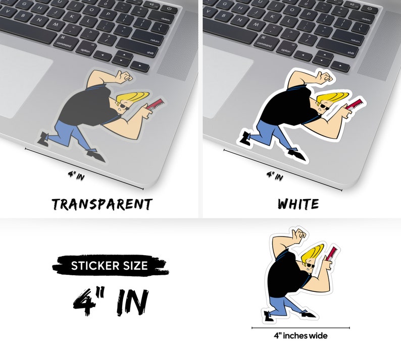 May include: A 4-inch sticker featuring a cartoon character with black hair, a black shirt, blue jeans, and a red comb. The sticker is available in transparent and white options.